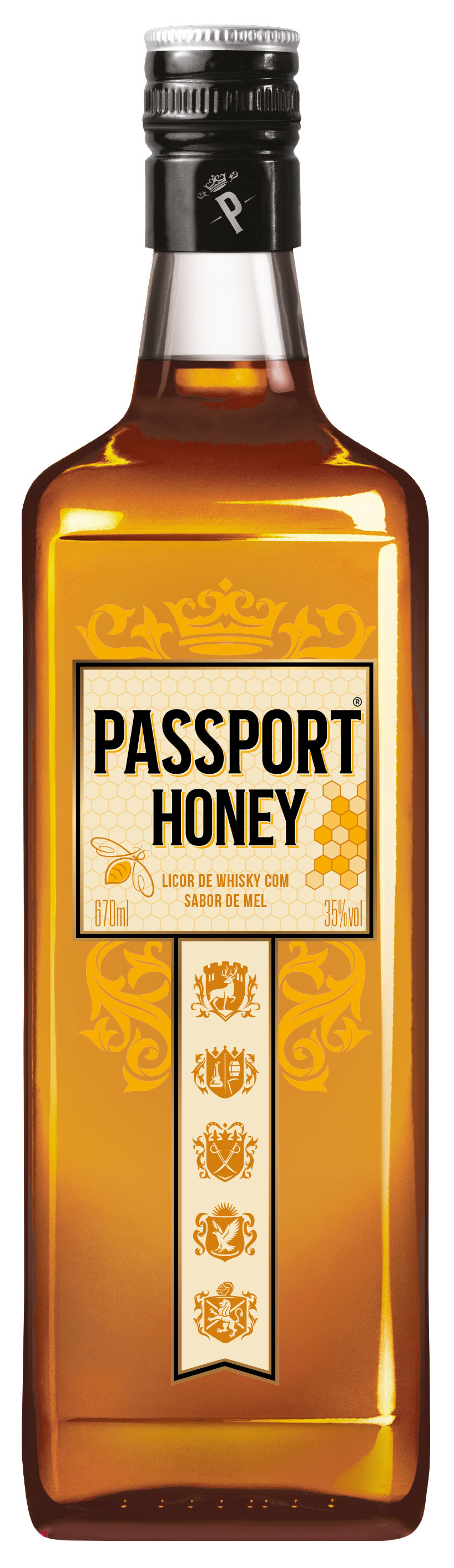 <span style = 'font-size:120%; font-weight: bold;'>Whisky Passport Honey</span><br>É uma embalagem clean, de vidro transparente e detalhes gráficos no rótulo que rementem ao sabor mel da bebida.
O forma...