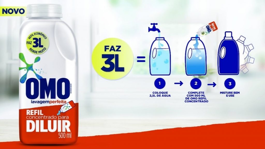 <span style = 'font-size:120%; font-weight: bold;'>Omo - refil para diluir em água</span><br>A Unilever traz ao mercado uma nova opção do sabão Omo. A marca ganha a versão em refil para diluir. A embalagem de 500 ...