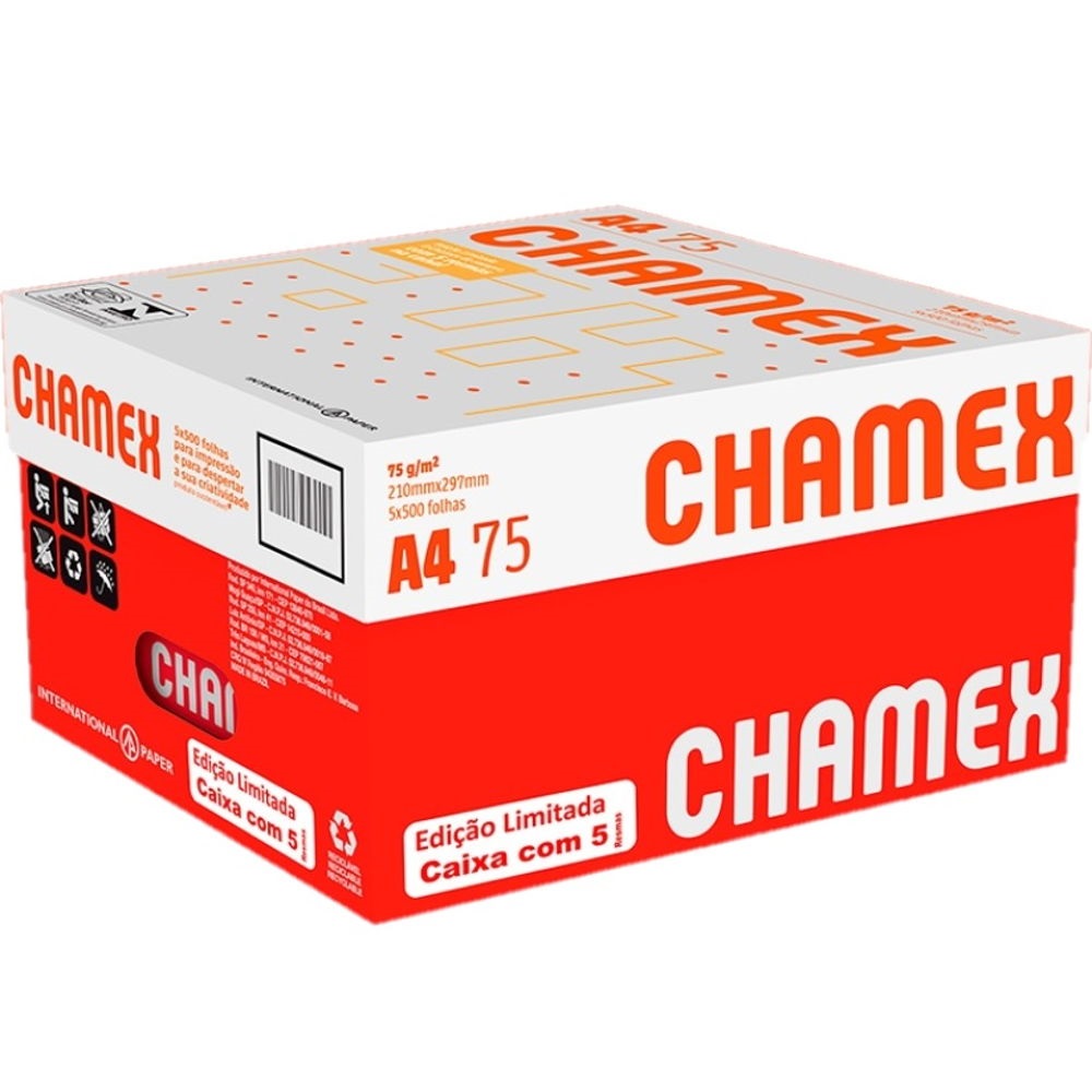 <span style = 'font-size:120%; font-weight: bold;'>Caixa Chamex</span><br>A Chamex lança uma edição limitada com cinco resmas do papel Chamex na caixa. A caixa tradicional tem 10 pacotes. De aco...