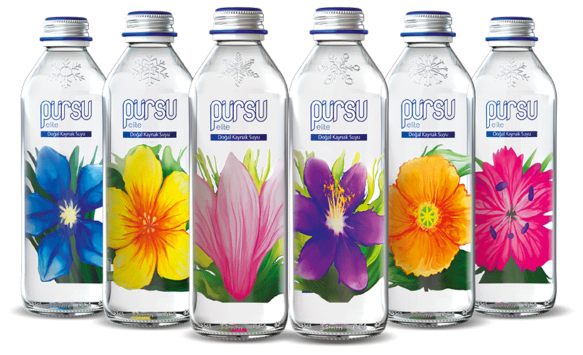 <span style = 'font-size:120%; font-weight: bold;'>Pursu Glass Packaging Family</span><br>Rótulos de impressão reversa com seis ilustrações de flores de regiões diferentes são projetadas em um frasco de vidro c...