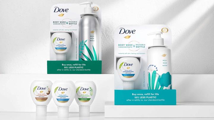 <span style = 'font-size:120%; font-weight: bold;'>Dove - Garrafa de alumínio reutilizável e refil</span><br>A Unilever lançou nos Estados Unidos o sabonete corporal Dove em garrafa de alumínio reutilizável. É um produto quatro v...