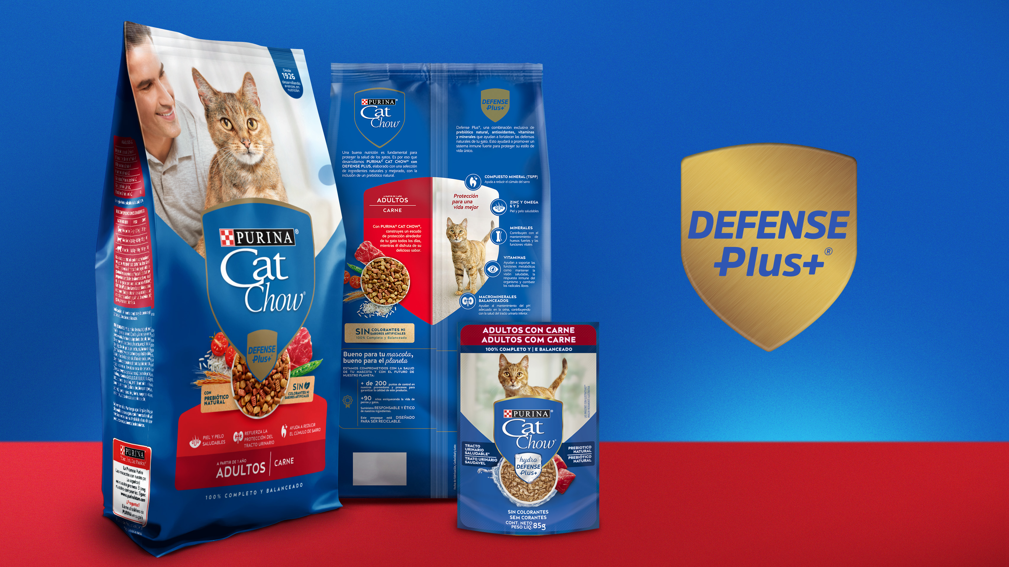 <span style = 'font-size:120%; font-weight: bold;'>Cat Chow Defense Plus</span><br>Redesenhamos a marca associando o escudo como elemento gráfico que compõe o logo. Defense Plus, presente em toda a linha...